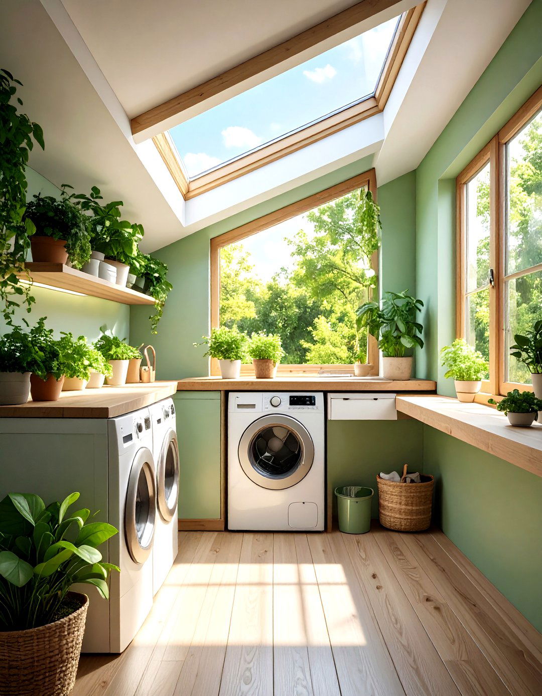 Skylight Brings Daylight and Biophilic Touch - 20 Green Laundry Room Ideas