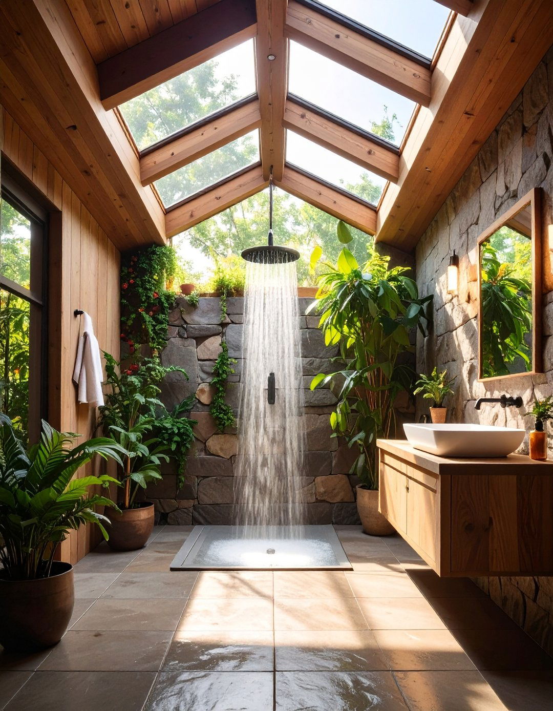 Skylight Enhanced Natural Lighting - 20 Rustic Walk-in Shower Ideas