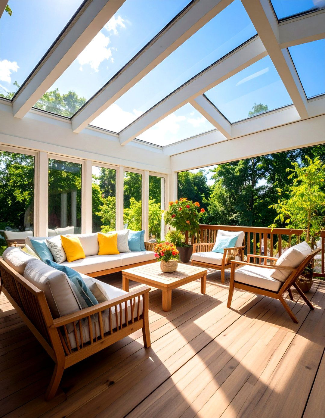 Skylight Enriched Sunroom Overlooking Deck - 20 Sunroom and Deck Combo Ideas