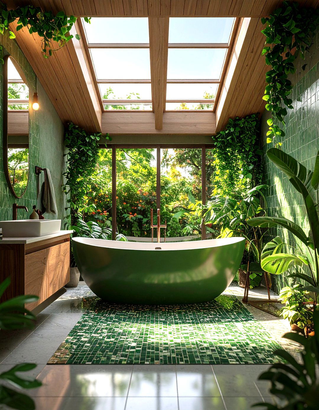 Skylight and Green Surfaces Harness Natural Light - 20 Green Bathroom Ideas