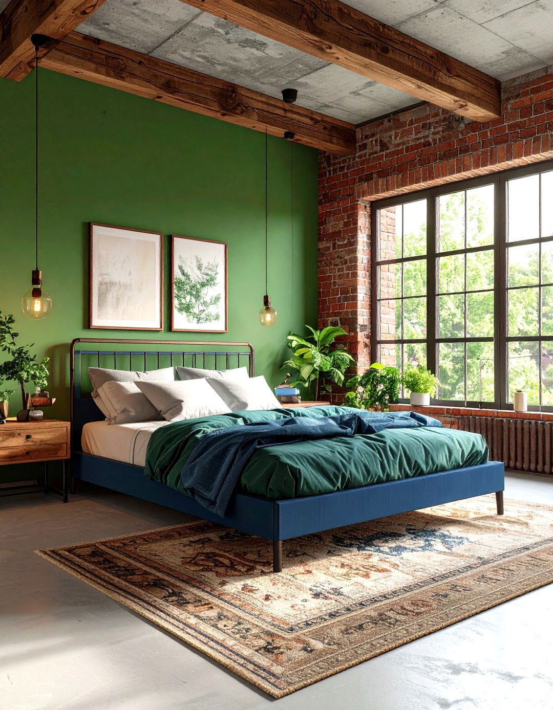 Slate Blue and Moss Green Bedroom with Industrial Touches - 20 blue and green bedroom ideas