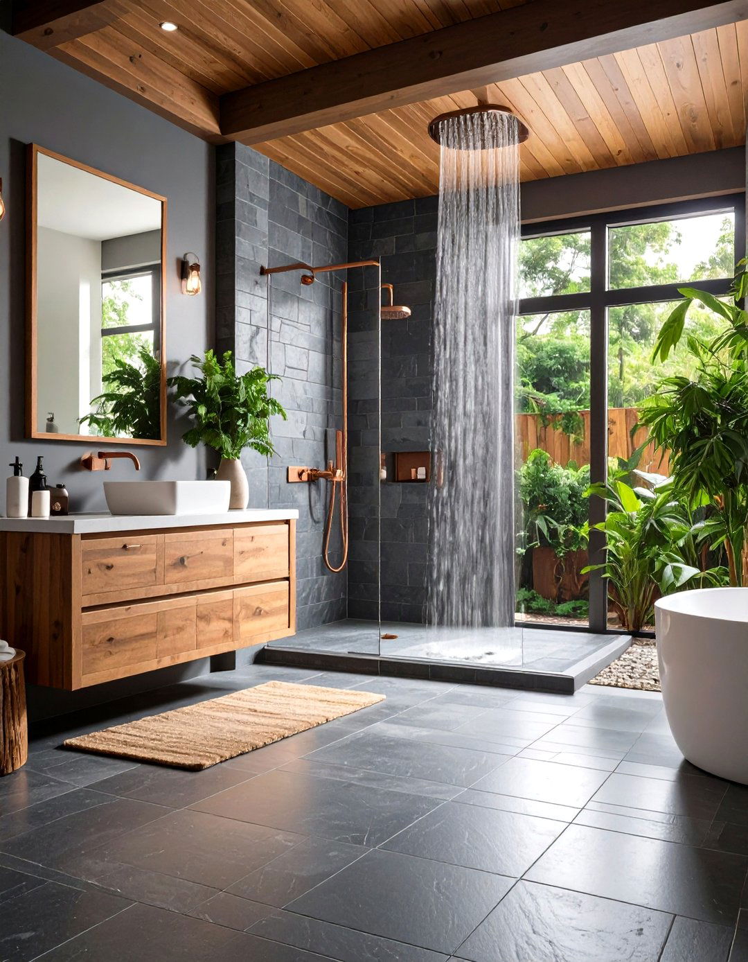 Slate Tile Rustic Bathroom with Natural Stone Flooring - 20 Rustic Bathroom Ideas
