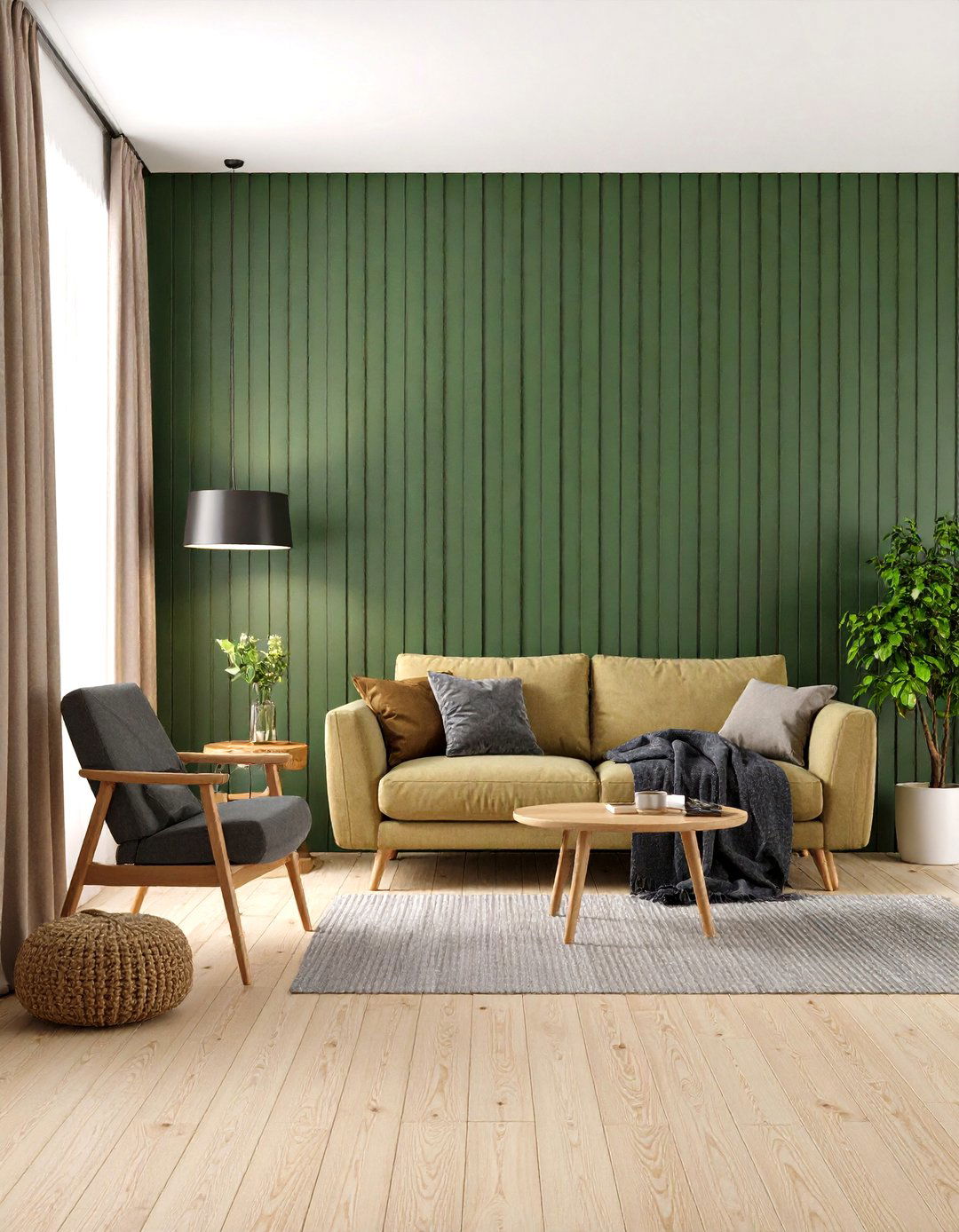 Slatted Scandinavian Dark Green Accent Wall - 20 Dark Green Accent Wall Ideas