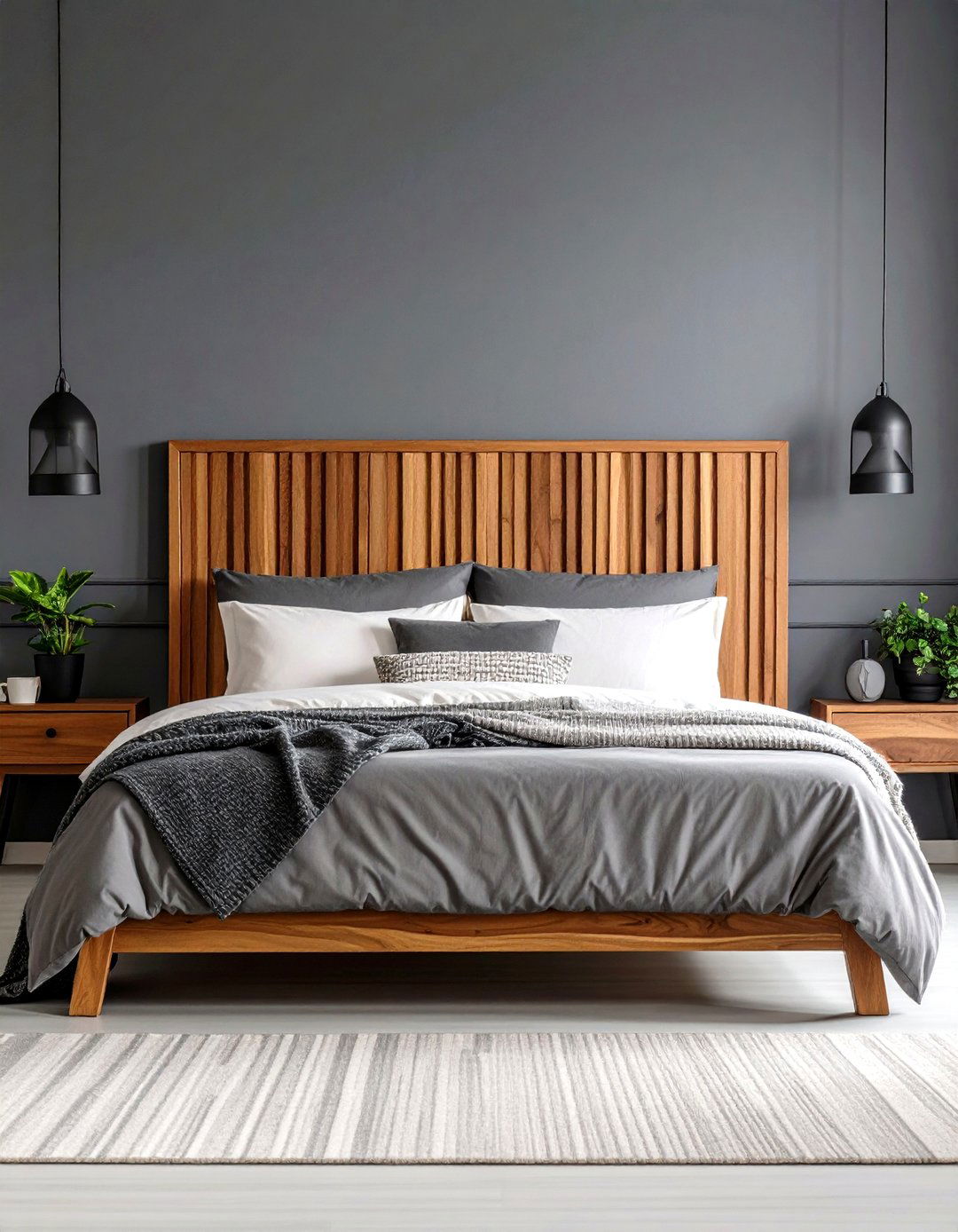 Slatted Wood Headboard Highlights Texture - 20 Dark Grey Bedroom Ideas