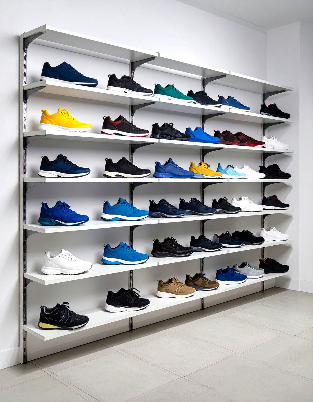 Slatwall Angled Shoe Shelves Showcase Every Pair - 20 Garage Shoe Storage Ideas