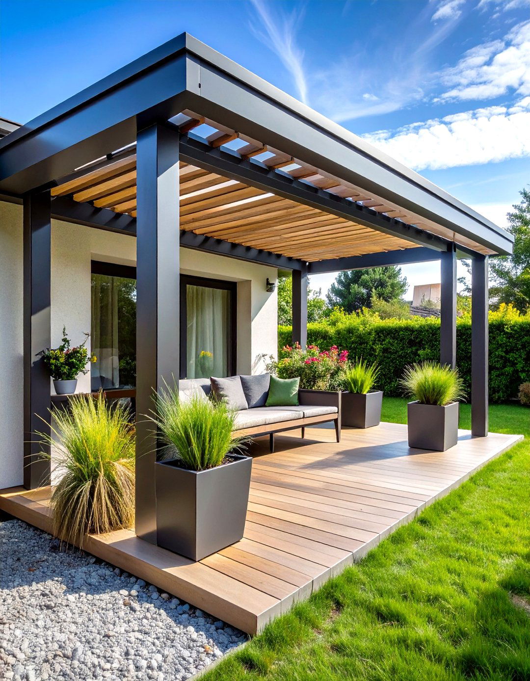 Sleek Aluminum Front Porch Pergola - 20 Front Porch Pergola Ideas