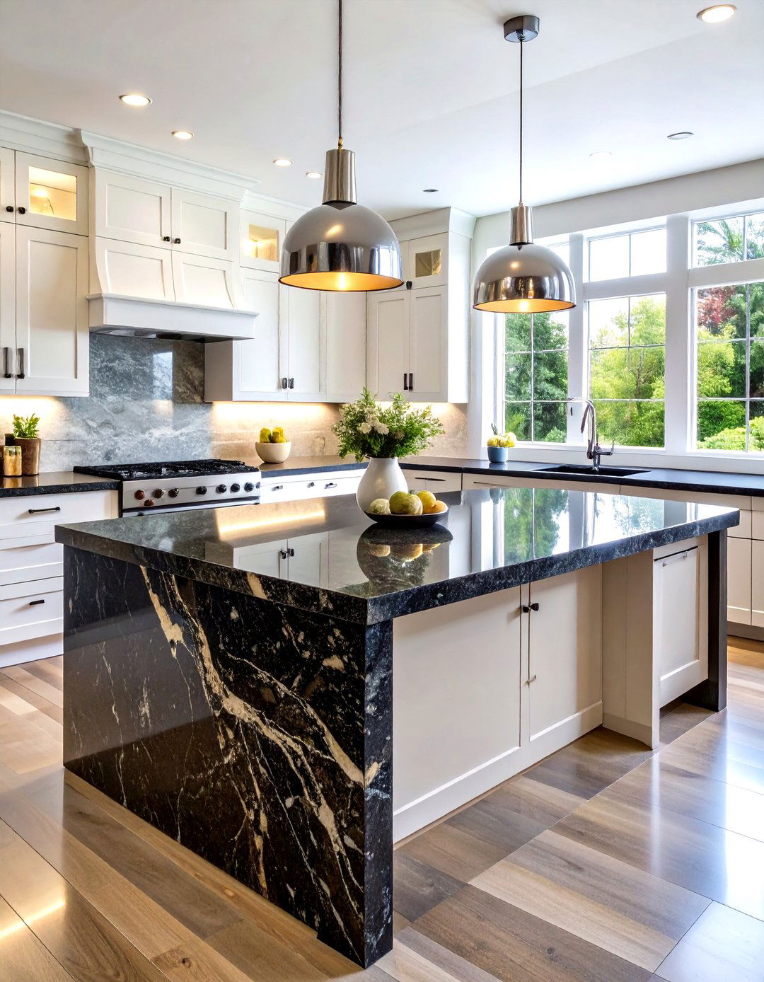 Sleek Black Granite Waterfall Kitchen Island with Contemporary Contrast - 20 Waterfall Kitchen Island Ideas