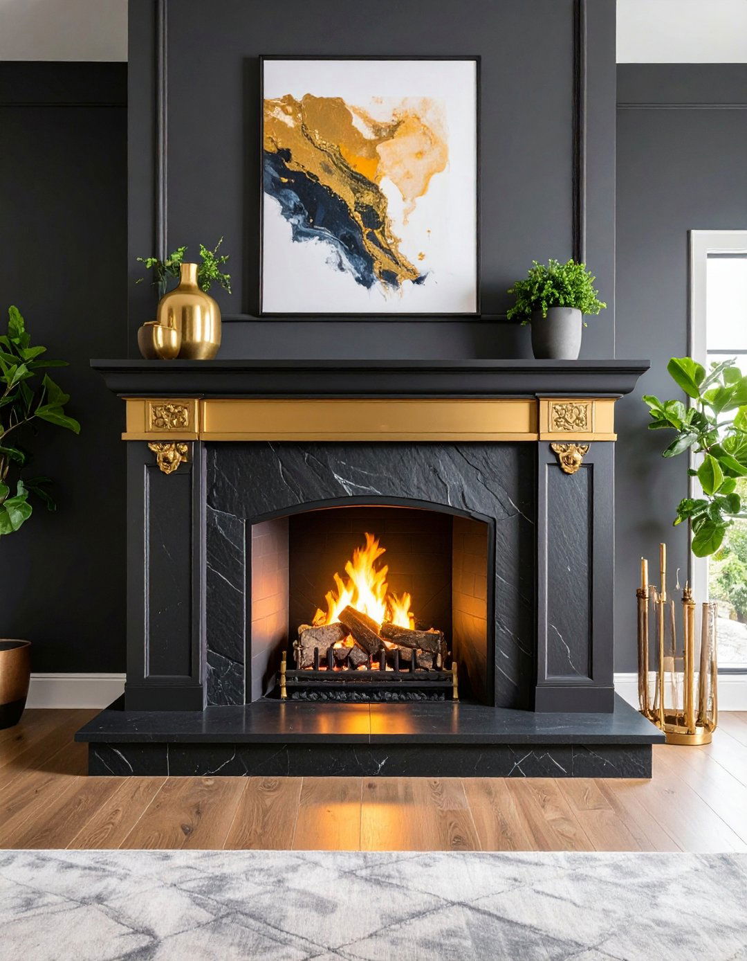 Sleek Black Slate Surround Defines a Modern Living Room - 20 Black Stone Fireplace Ideas