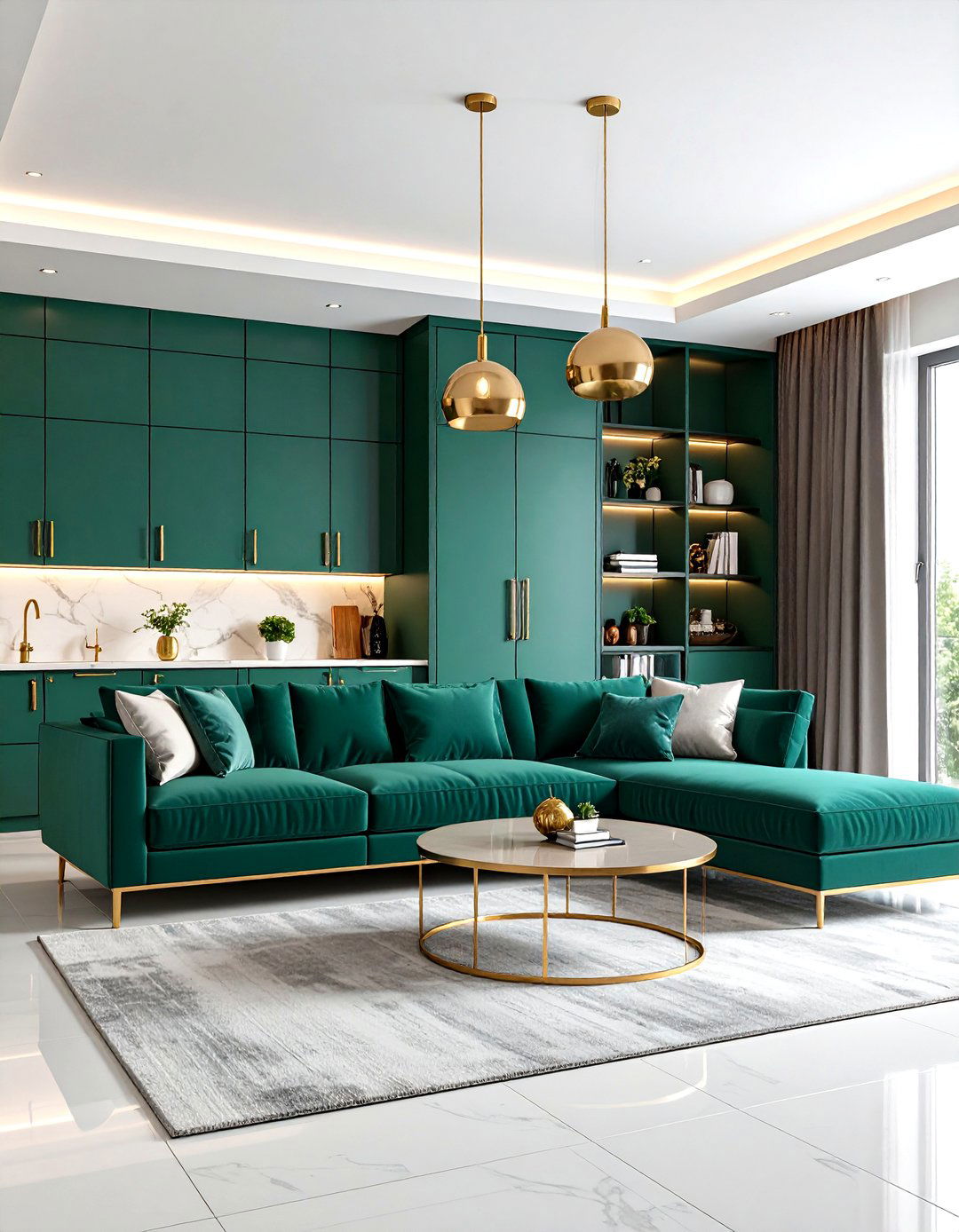 Sleek Emerald Built ins with Brass Hardware - 20 Emerald Green and Gold Living Room Ideas