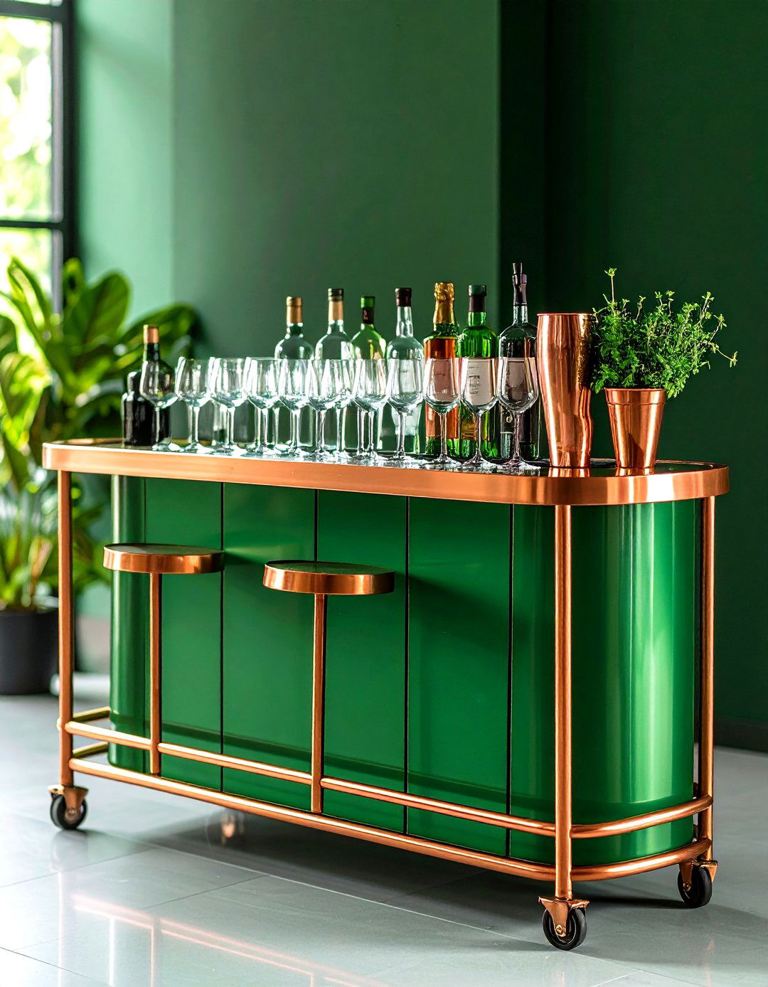 Sleek Green Bar Cart with Copper Accents for Kitchen Entertaining - 20 Green and Copper Kitchen Ideas