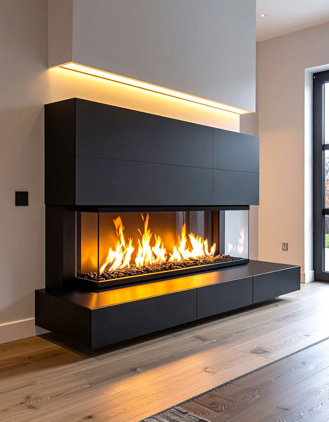 Sleek Linear Black Gas Fireplace - 20 Black Fireplace Ideas