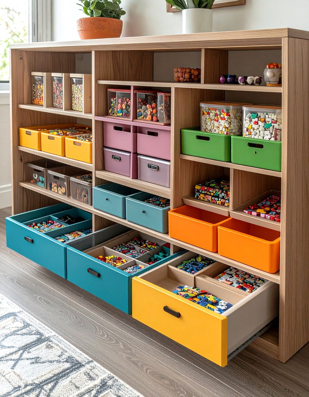 Slide Out Trays Under Seating for Playroom Storage - 20 Playroom Storage Ideas