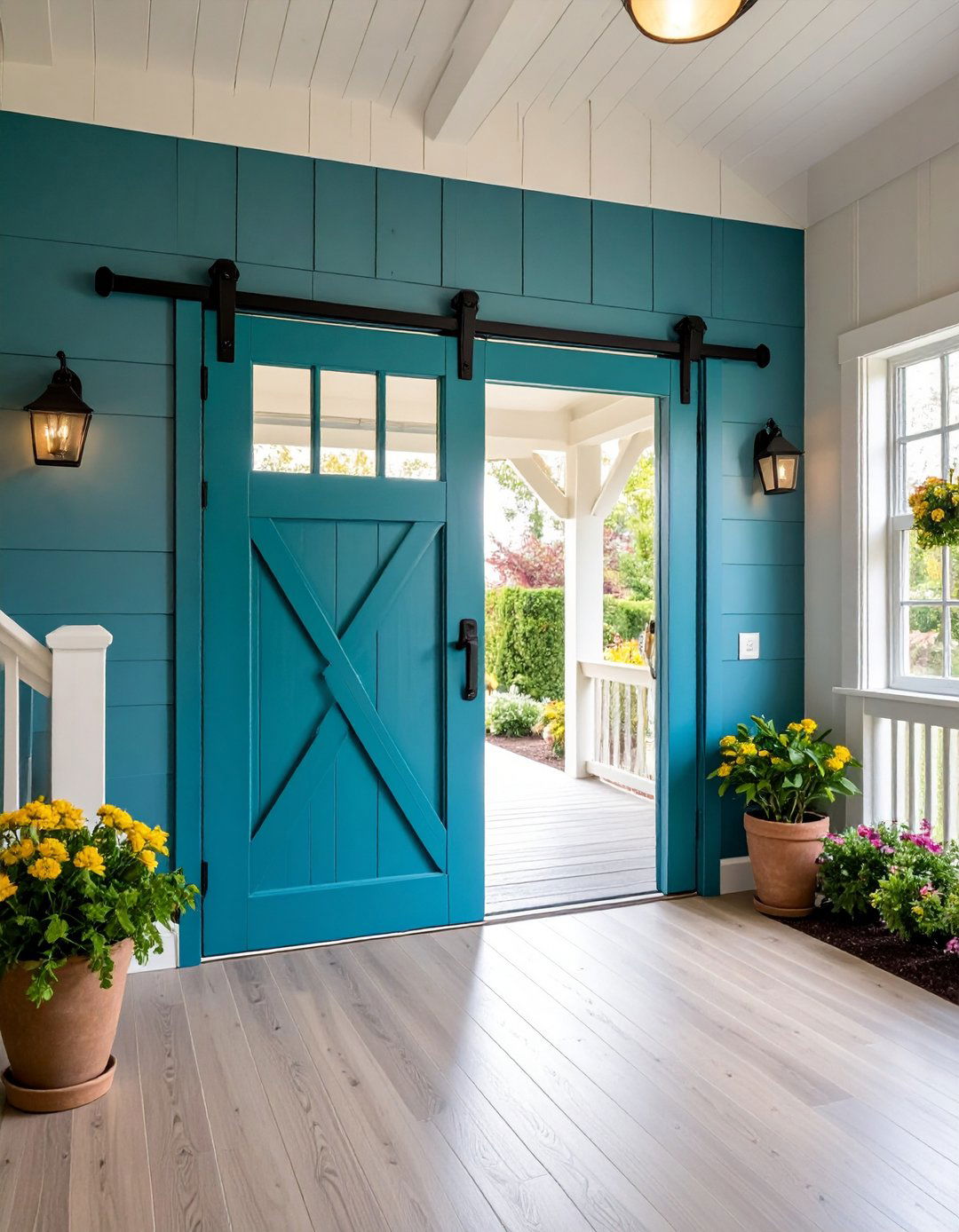 Sliding Barn Gate at Landing - 20 Farmhouse Rustic Stair Railing Ideas