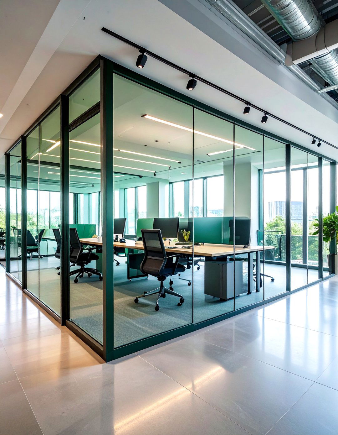 Slim Glass Partitions in Dark Green Metal Frames - 20 Dark Green Office Ideas and Inspiration