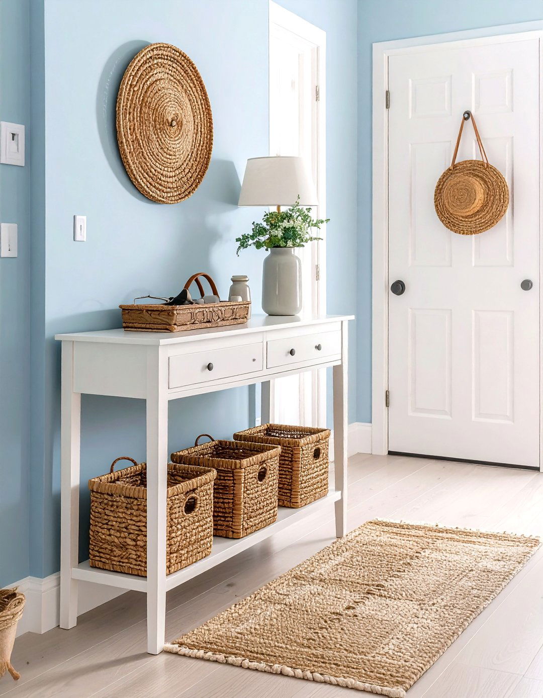 Slim Hallway Console Table with Basket Storage - 20 Hallway Storage Ideas