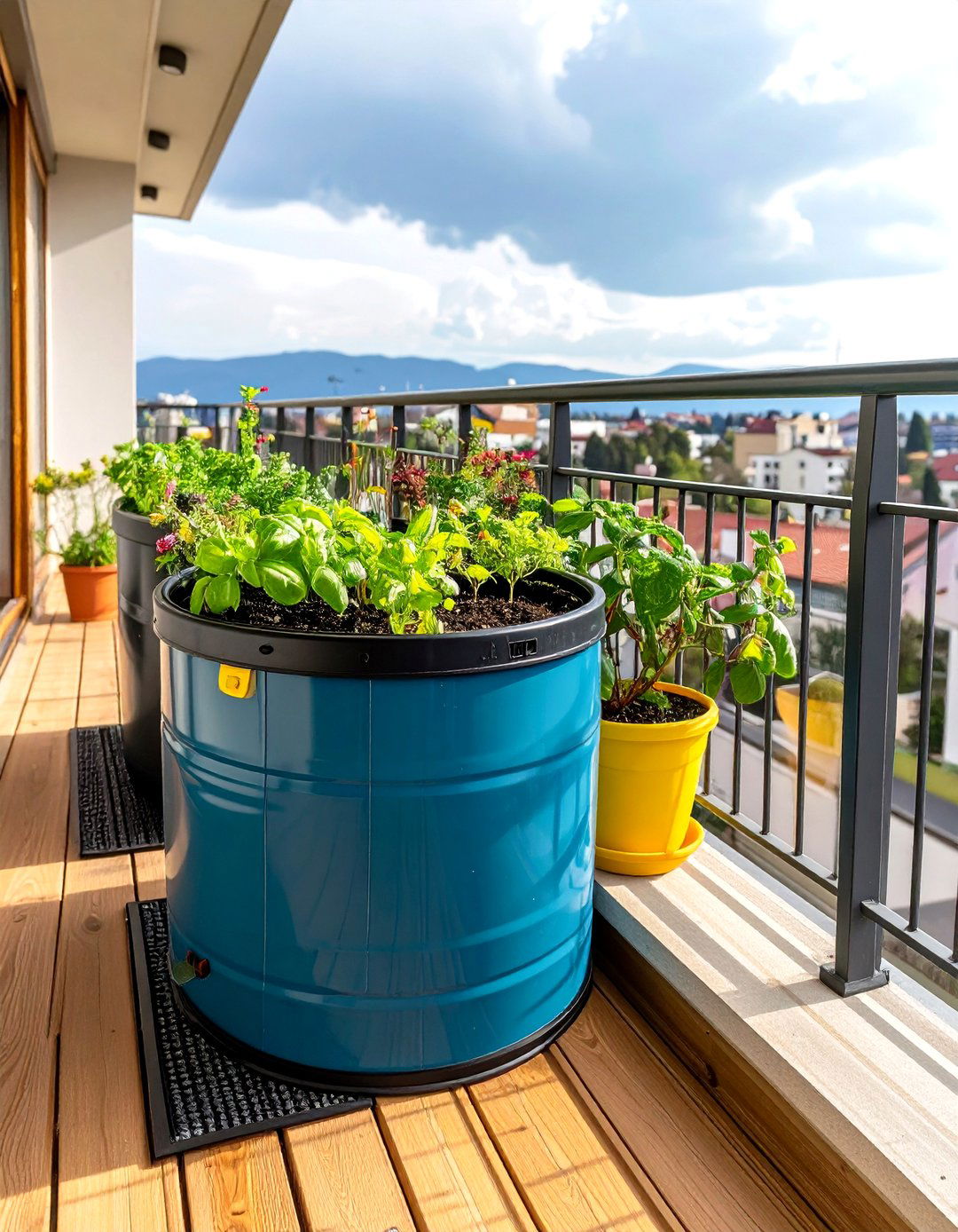 Slim Rainwater Barrel and Self Watering Planters - 20 Green Balcony Ideas