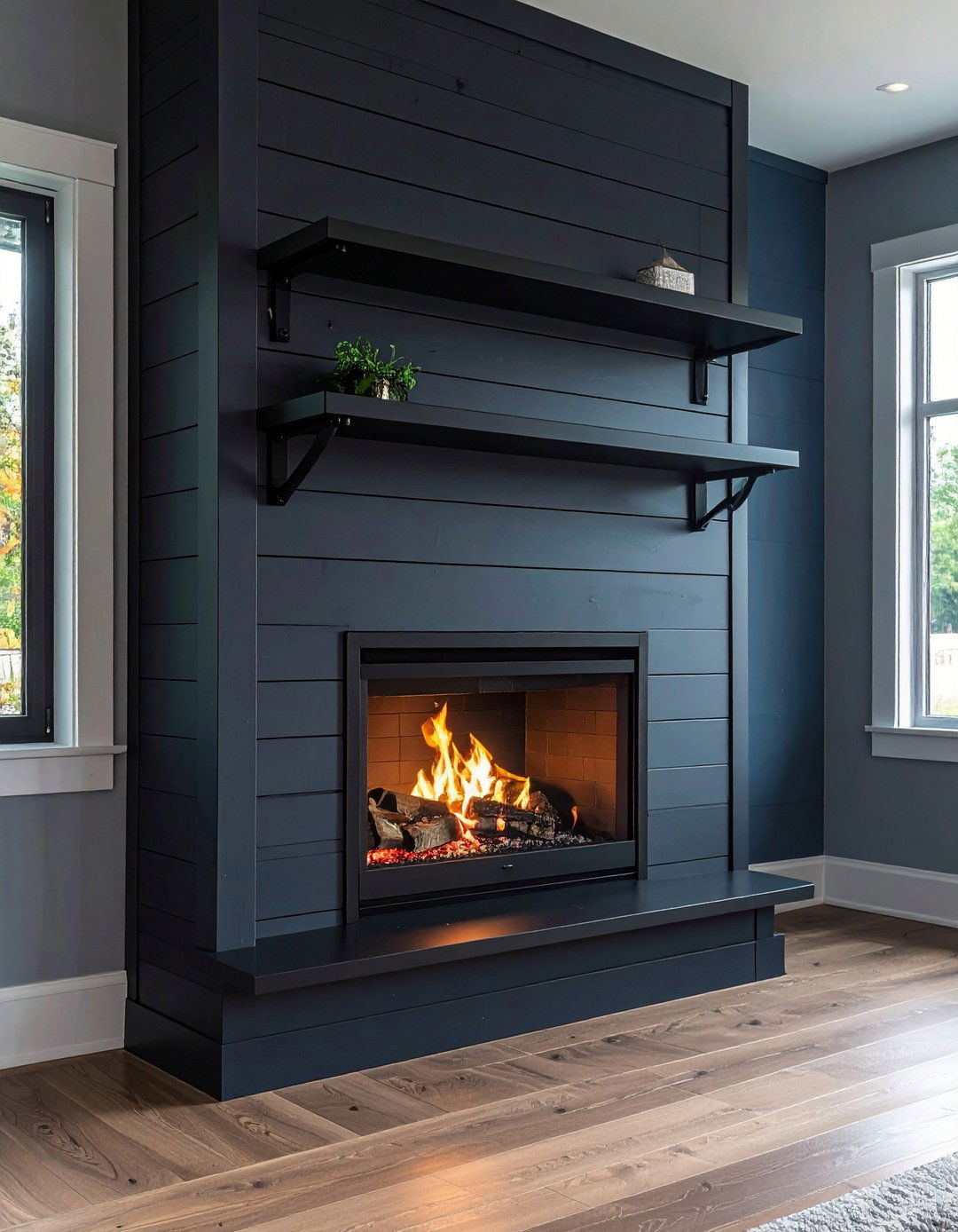 Slim Shadow Line Mantel on a Black Shiplap Fireplace - 20 Black Shiplap Fireplace Ideas