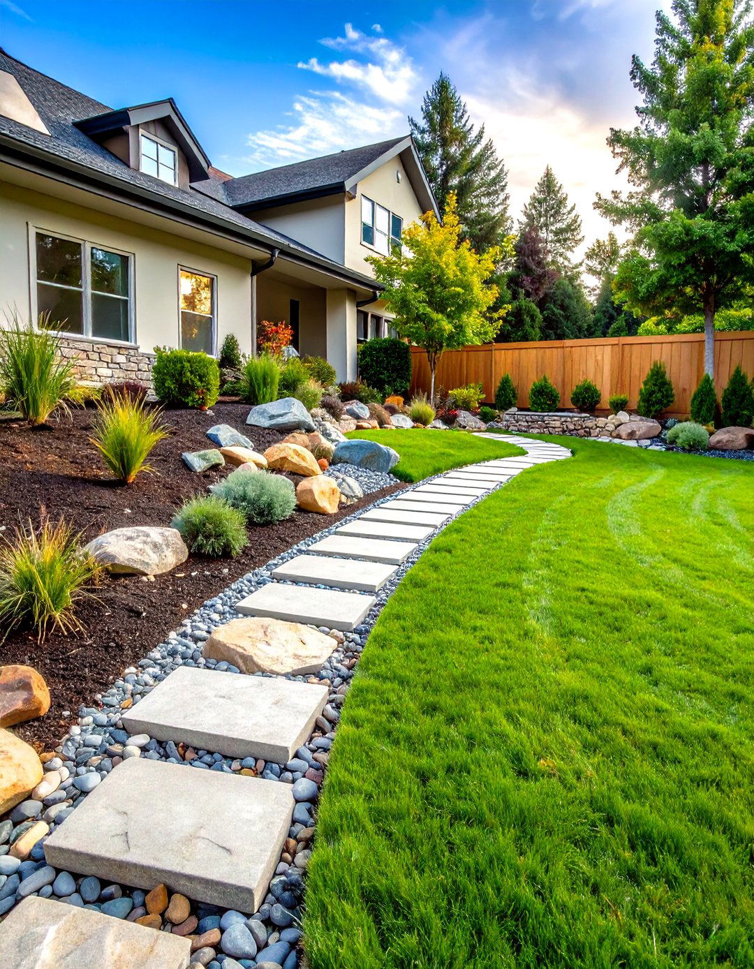 Sloped Lawn River Rock Edging Transition - 20 River Rock Edging Ideas