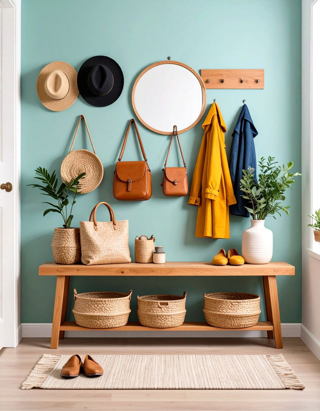 Small Apartment Slim Entryway Bench and Hooks - 20 small apartment decorating ideas