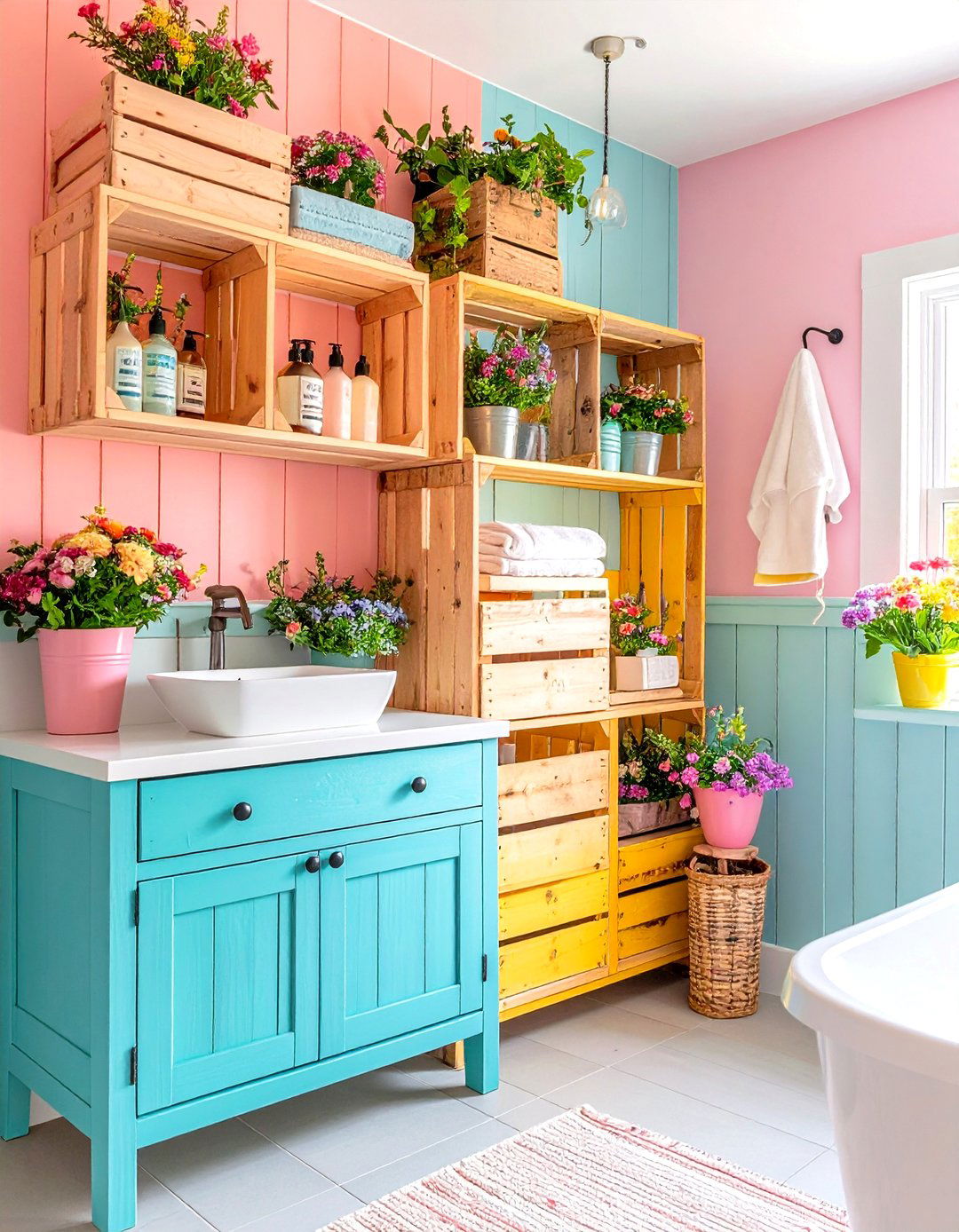 Small Bathroom Rustic Wood Crate Shelving Character - 20 Small Bathroom Shelving Ideas