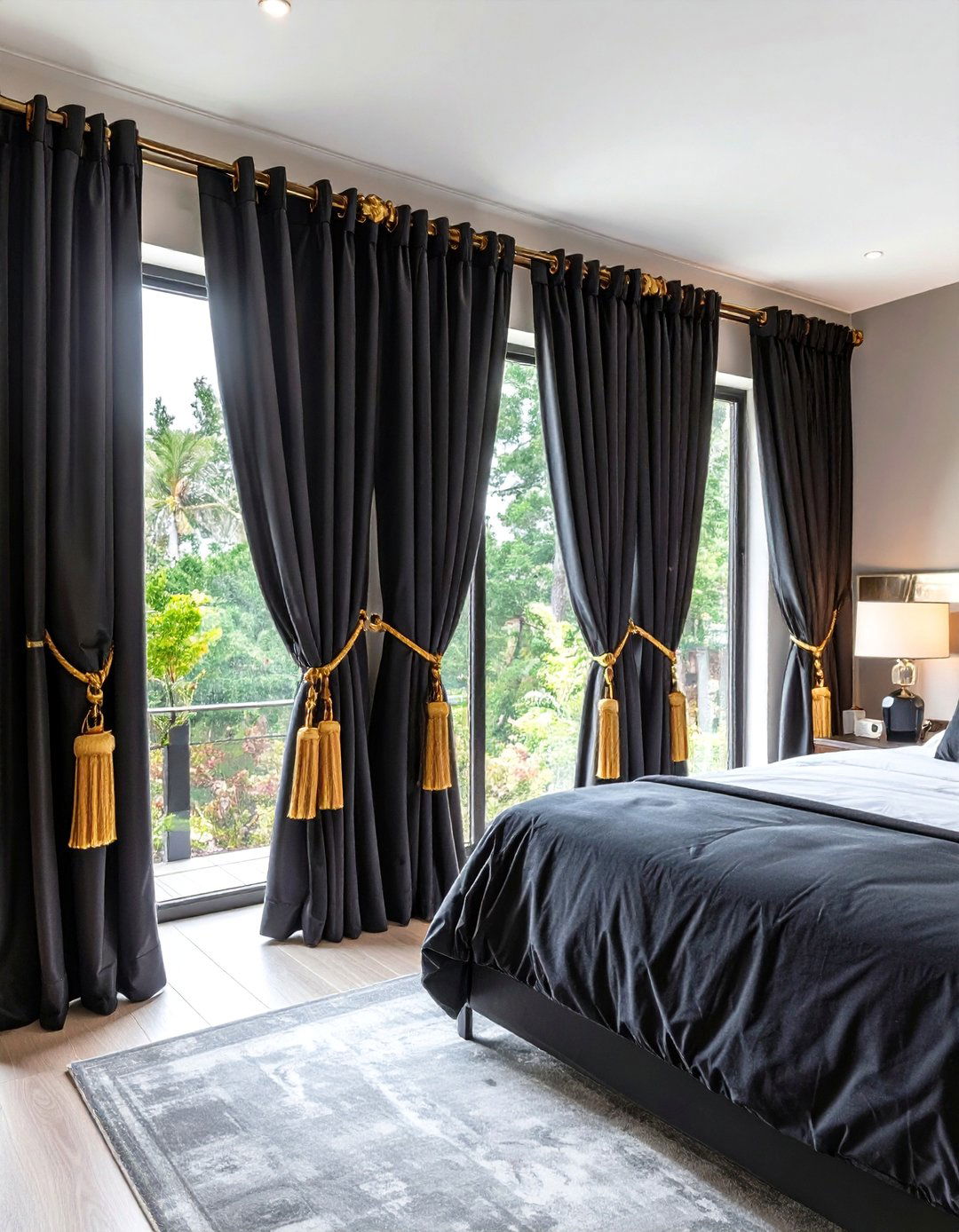 Smart Drapes with Gold Tiebacks - 20 Black and Gold Bedroom Ideas