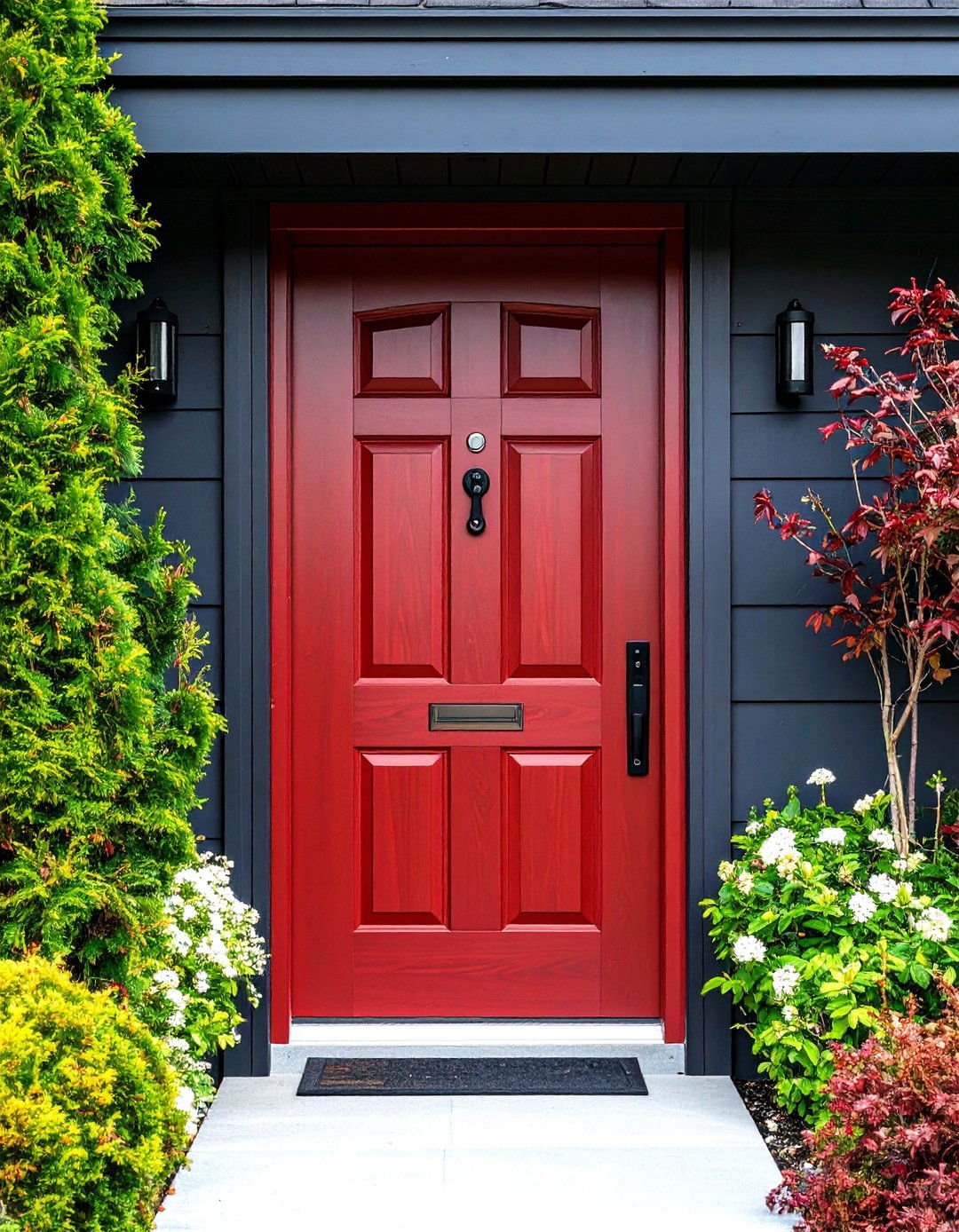 Smart Enabled Dark Red Front Door with Tech Integration - 20 Dark Red Front Door Ideas