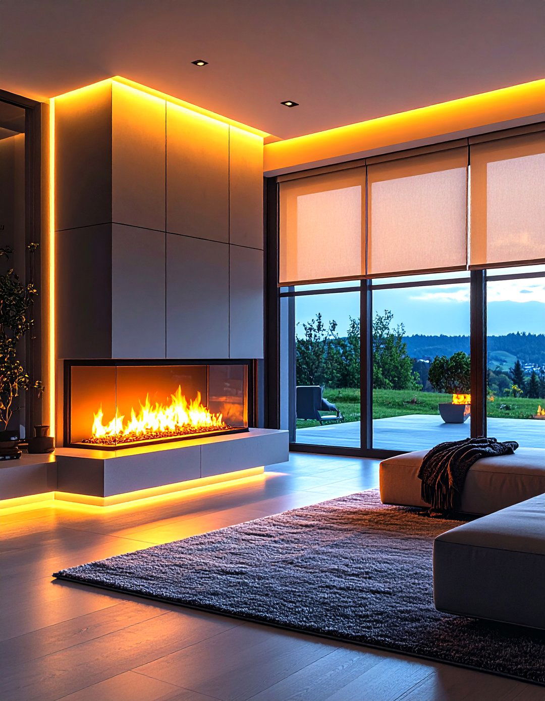 Smart Fireplace with Automated Window Treatments - 20 Fireplace Between Windows Ideas