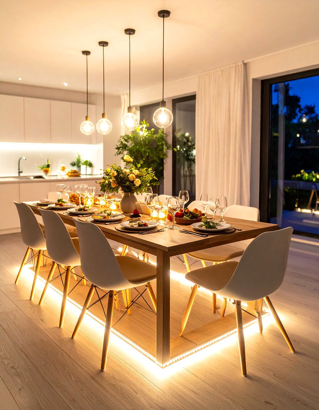 Smart LED Strips Underglow the Dining Table Perimeter - 20 Dining Room Table Decor Ideas