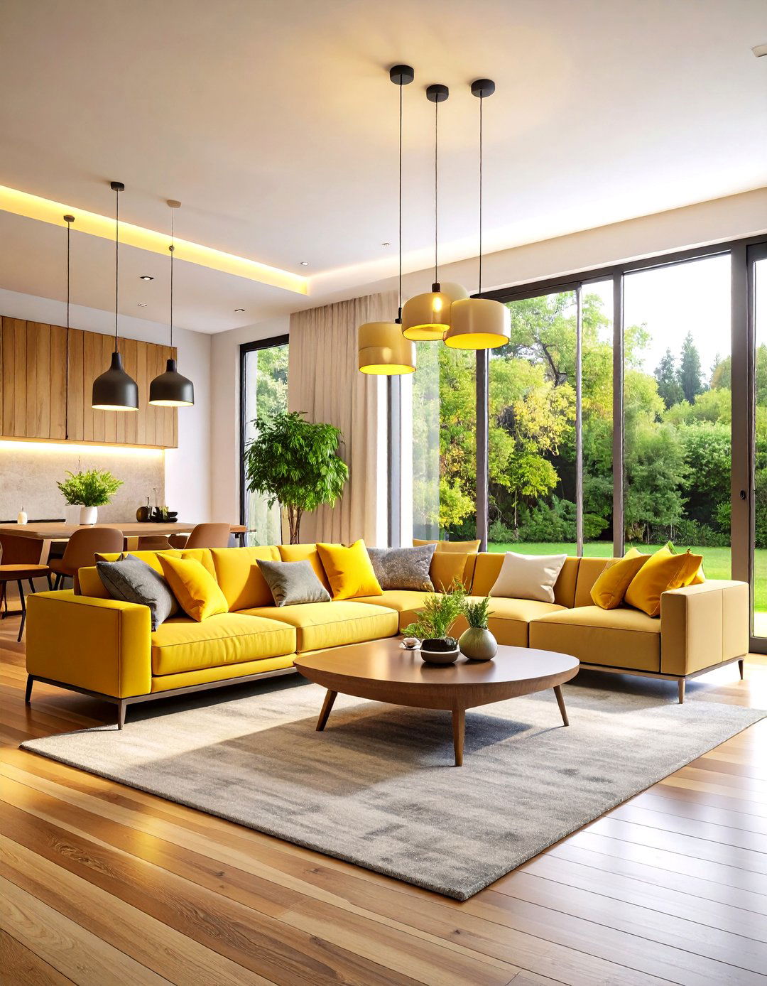 Smart Lighting Enhances Mood in a Grey and Yellow Living Room - 20 Grey and Yellow Living Room Ideas