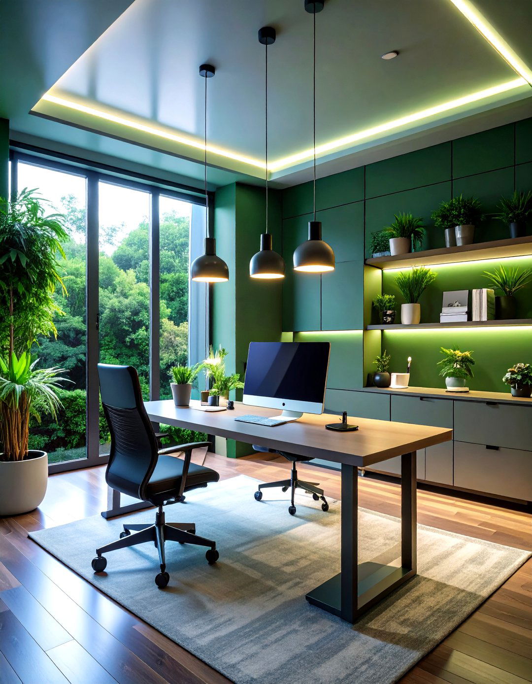 Smart Lighting Scenes for Long Workdays - 20 Dark Green Home Office Ideas