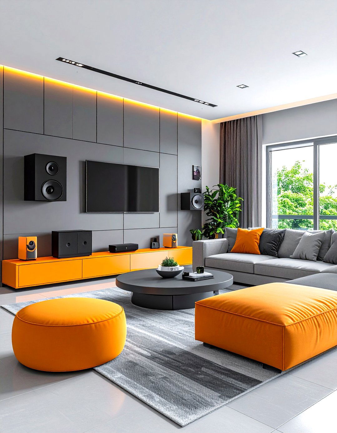 Smart Orange and Grey Living Room with Hidden Technology - 20 Orange and Grey Living Room Ideas