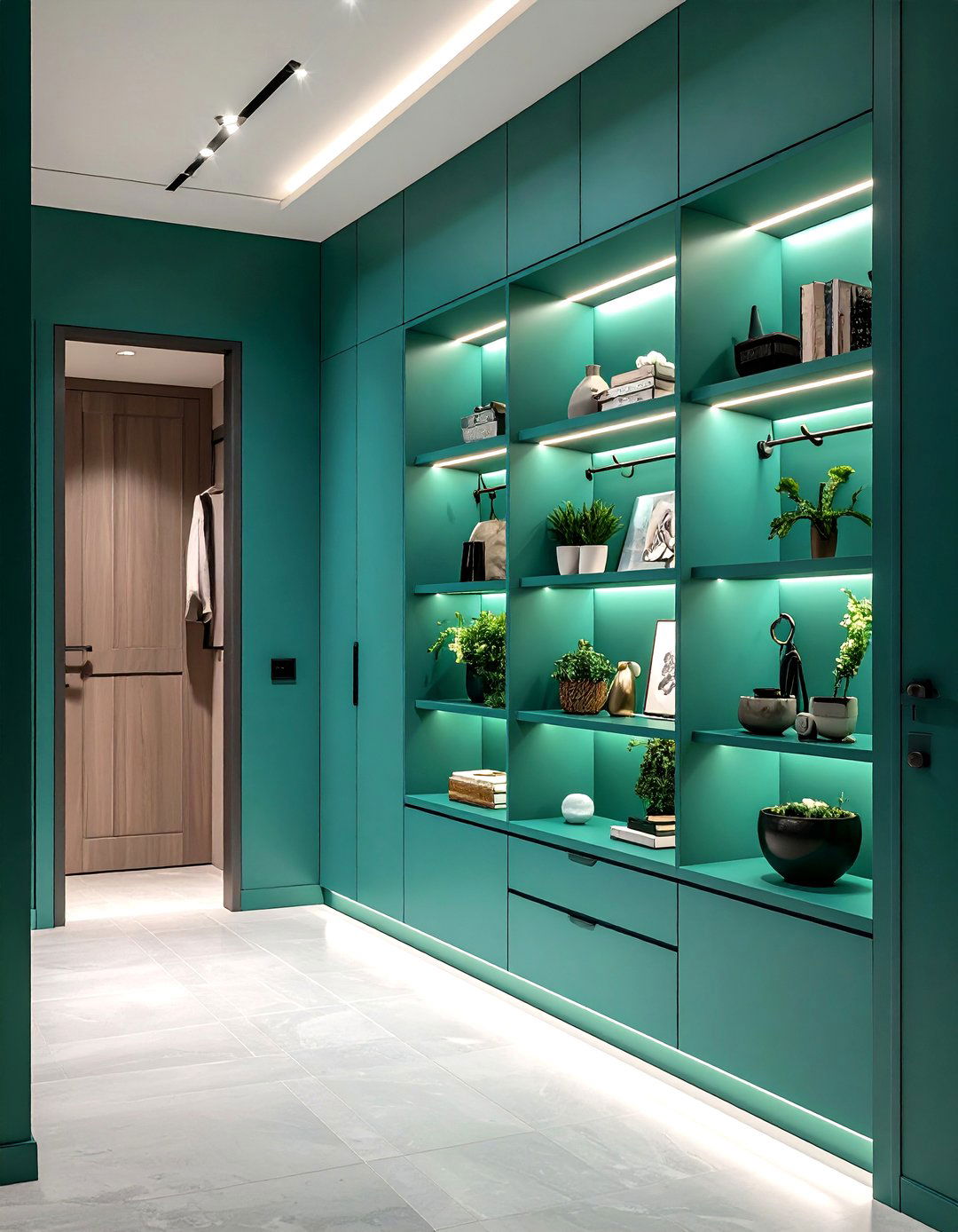 Smart Storage Niche in Deep Green Hallway - 20 Green Hallway Ideas