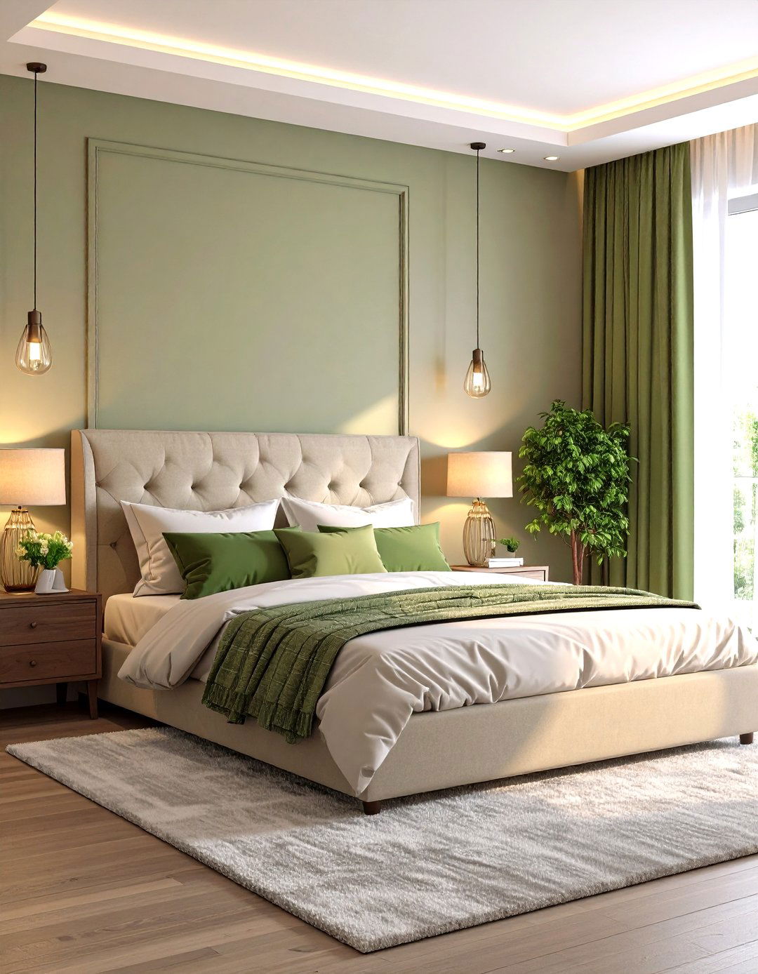 Soft Ambient Lighting in Green and Beige Bedrooms - 20 Green and Beige Bedroom Ideas