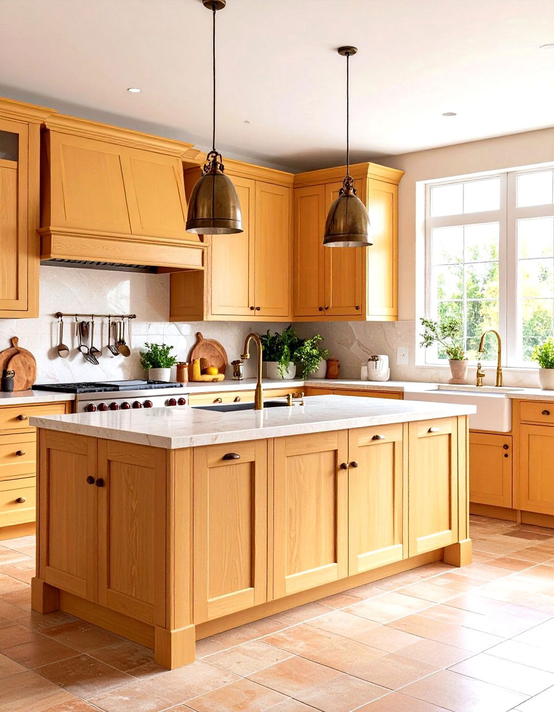 Soft Beige Limestone Countertops Pairing with Oak Cabinets - 20 what color countertops go with oak cabinets