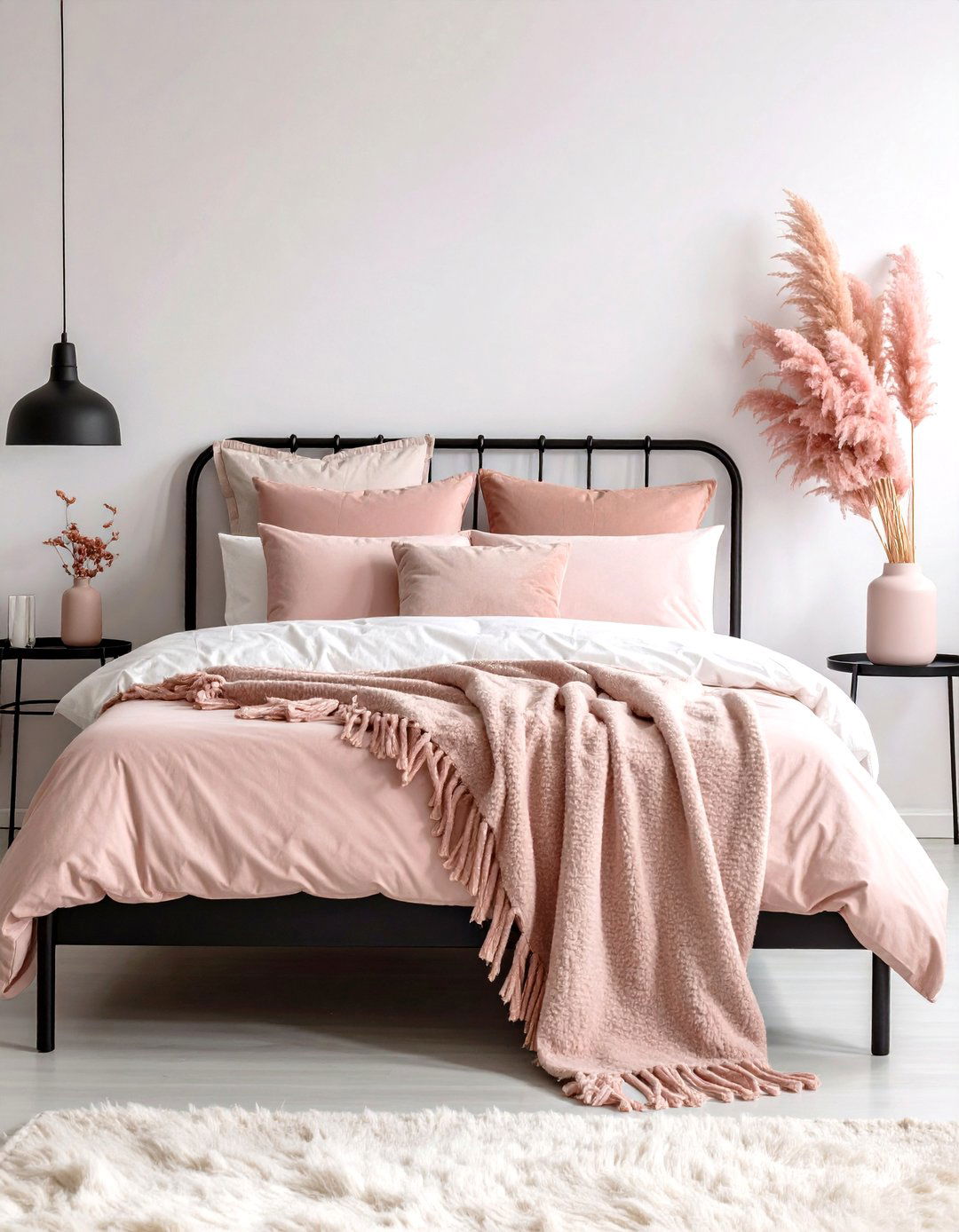 Soft Blush Accents Warm a Monochrome Base - 20 Feminine Black and White Bedroom Ideas