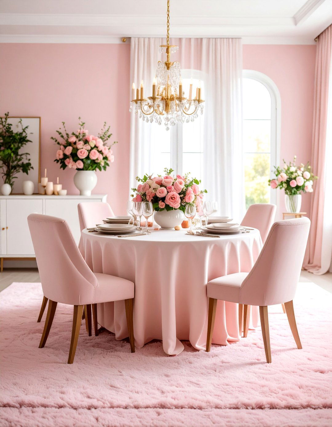 Soft Blush Pink Carpeted Dining Room with Romantic Elegance - 20 Carpeted Dining Room Ideas
