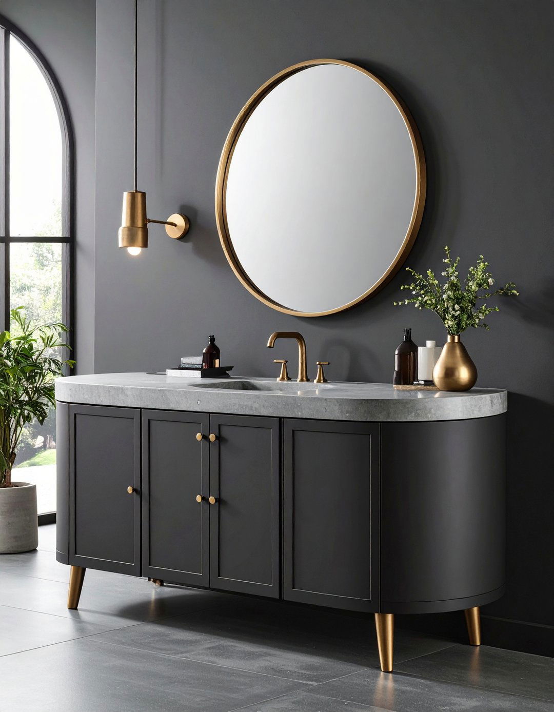 Soft Curve Black Vanity With Arched Mirror - 20 Black Vanity Bathroom Ideas