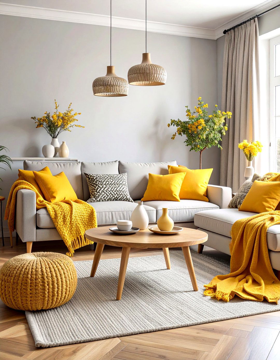 Soft Dove Grey Walls with Canary Textiles Create Cozy Living Room Depth - 20 Grey and Yellow Living Room Ideas