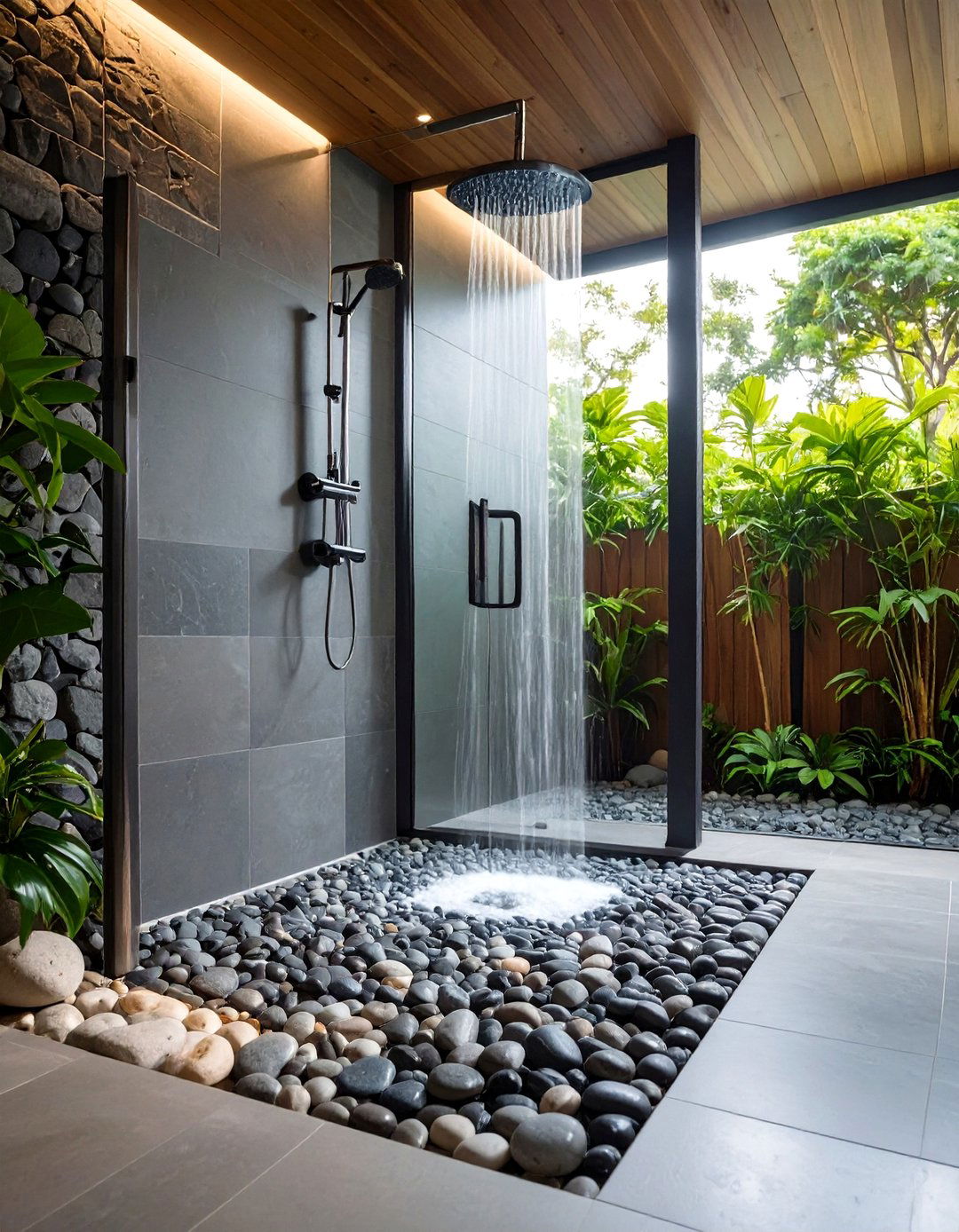 Soft Gray Pebble Shower Floor Extends Outward - 20 Gray Floor Bathroom Ideas