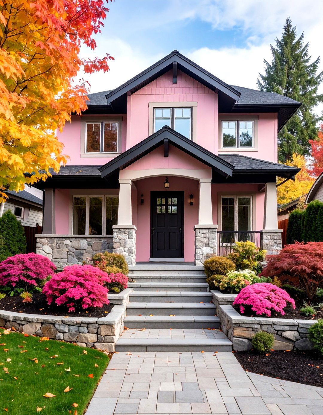 Soft Pink House Exterior with Natural Stone Accents - 20 Pink House Exterior Ideas