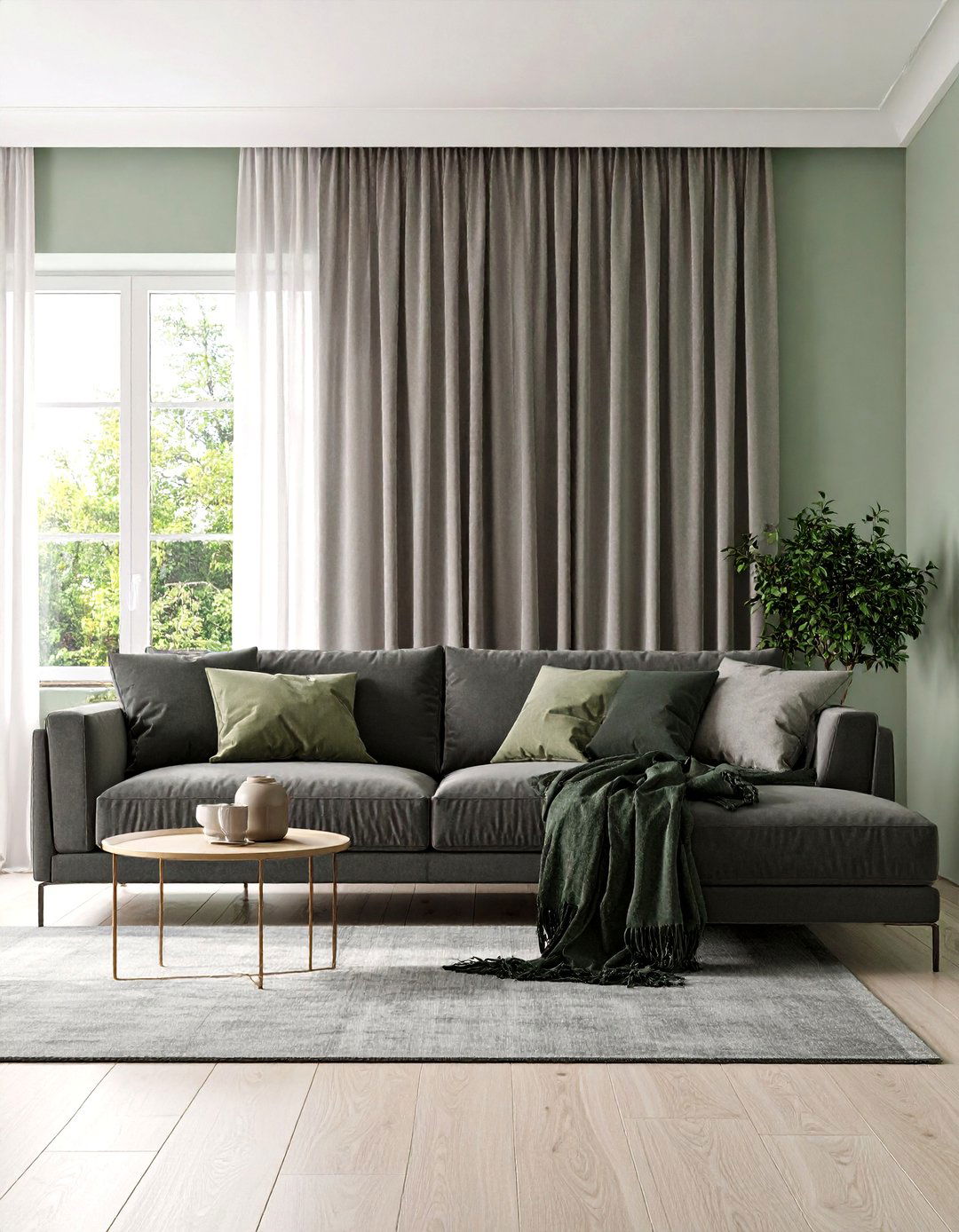 Soft Sage Accent Wall Sets Off Charcoal Grey Seating - 20 Grey and Sage Green Living Room Ideas