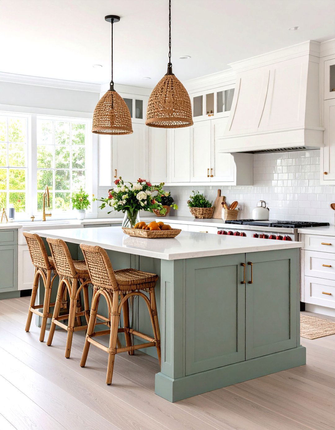 Soft Sage Grey Accent Cabinets in a Mostly White Kitchen - 20 Grey and White Kitchen Designs