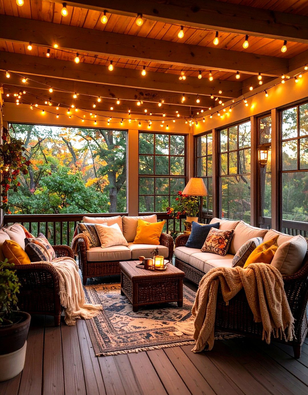 Soft String Lights and Comfy Furniture - 20 Screened-in Deck Ideas