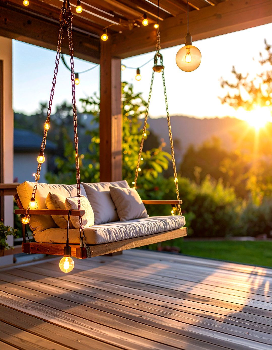 Solar Lit Front Porch Swing Lounge - 20 Front Porch Swing Ideas