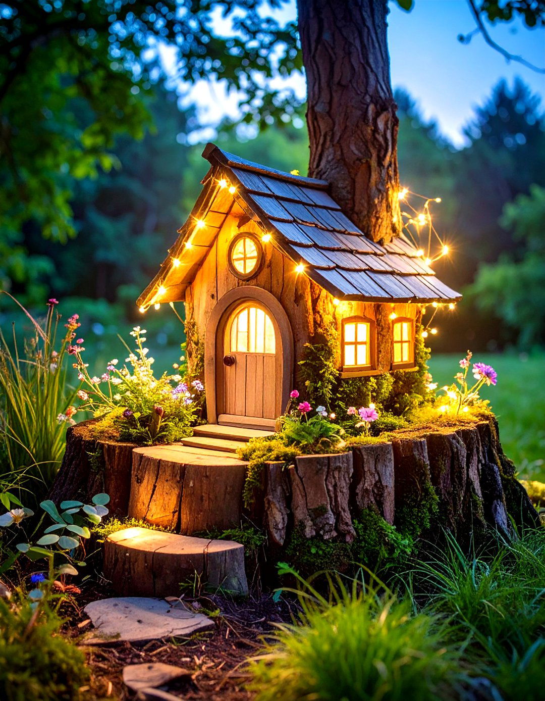 Solar Powered Tree Stump Fairy House - 20 Tree Stump Fairy Garden Ideas
