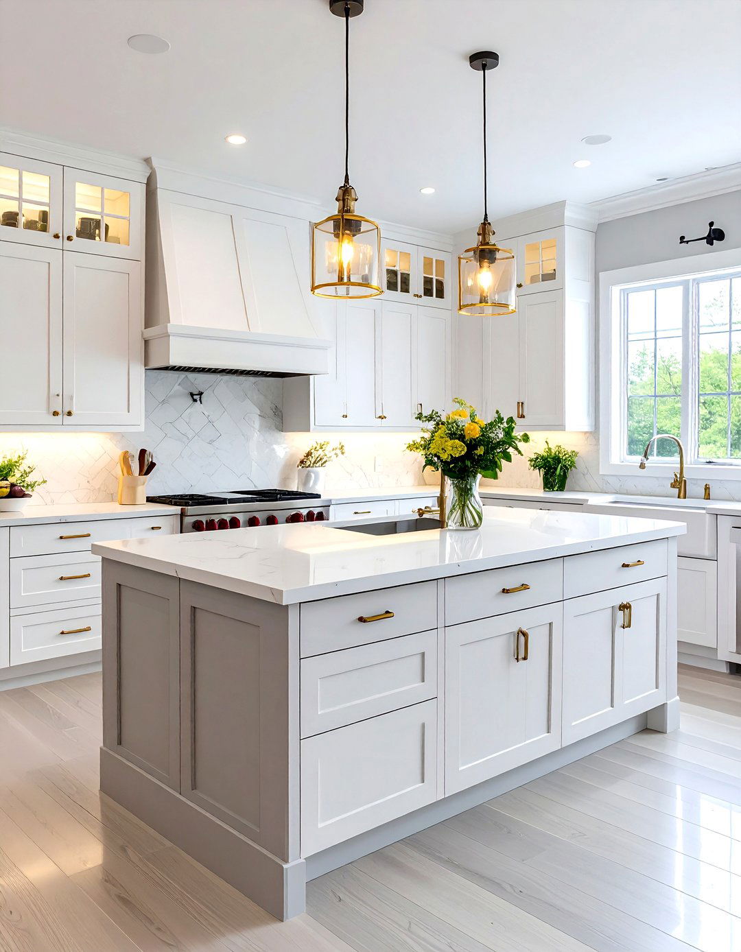 Sophisticated White Kitchen Cabinets with Grey Island and Custom Features - 20 White Kitchen Cabinets With Grey Island Ideas
