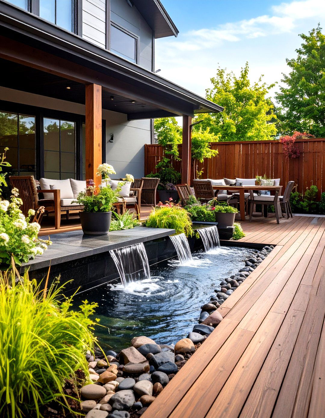 Sound Masking Water Features Beside the Deck - 20 Deck Privacy Ideas