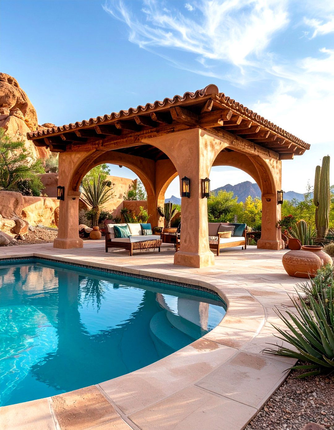 Southwest Adobe Pool Gazebo with Stucco Walls - 20 Pool Gazebo Ideas