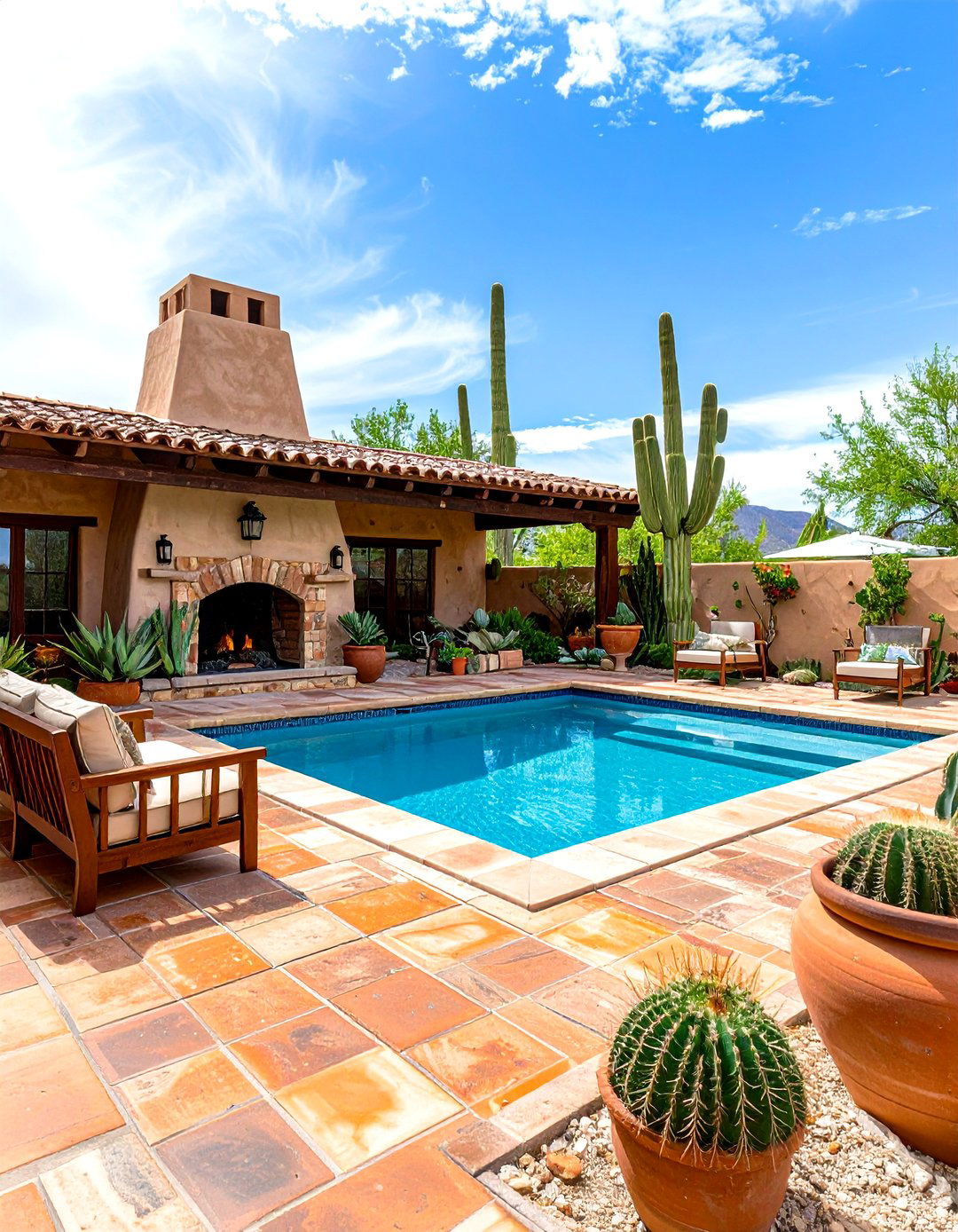 Southwestern Adobe Pool Patio with Desert Landscaping - 20 Pool Patio Ideas