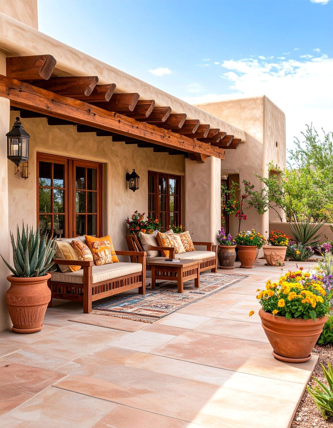 Southwestern Adobe Style Concrete Porch with Earth Tones - 20 Concrete Porch Ideas